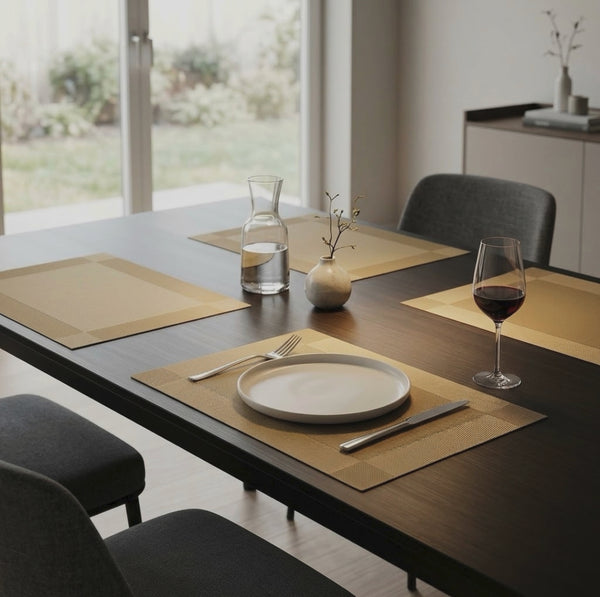 6 piece set of woven rectangular edge table mats for dining table protection and decoration.