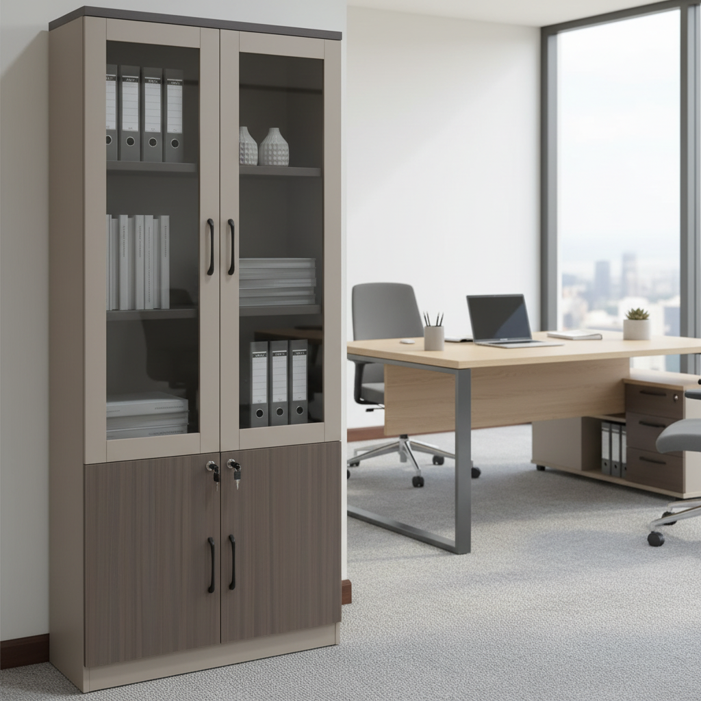Wooden Office Filing Cabinet with Glass Display and Lockable Storage