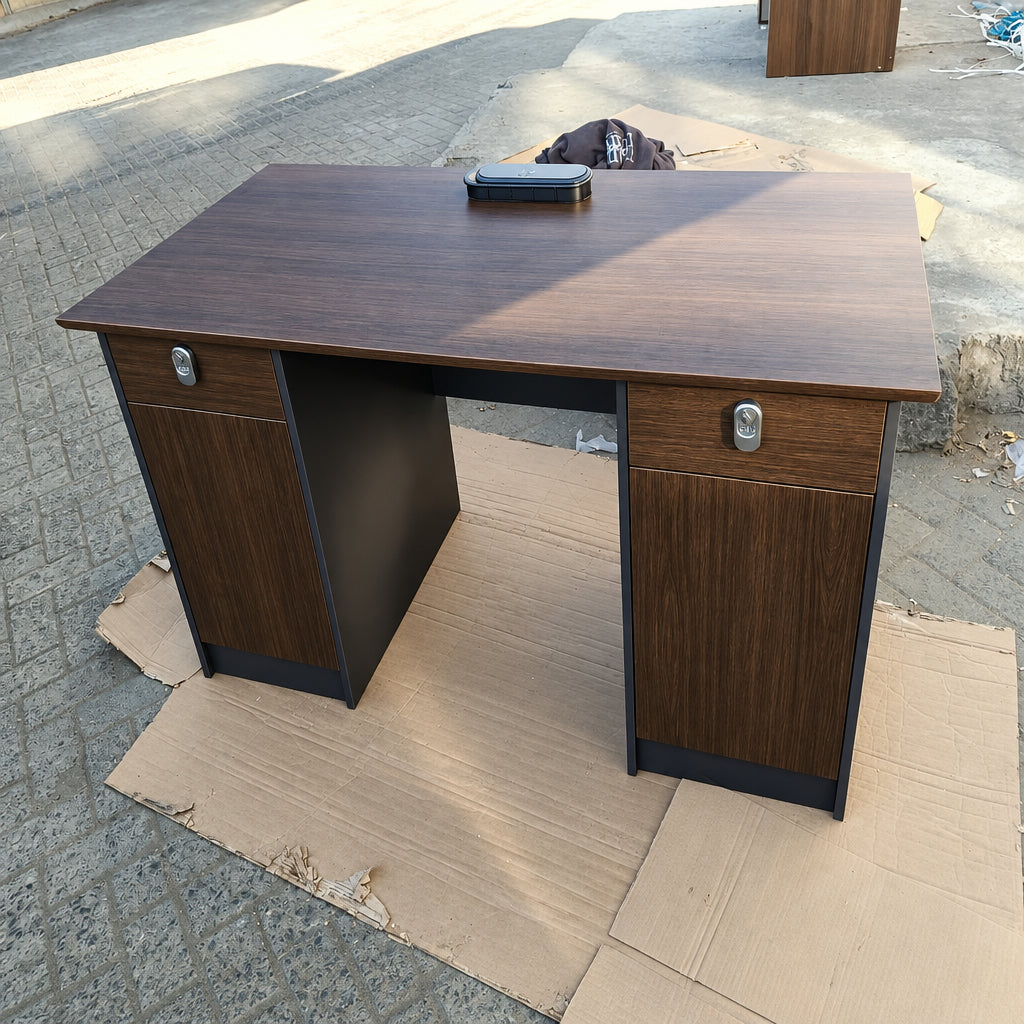 Brown Wood Finish  Double Pedestal Office Desk with Lockable Drawers and Cabinets