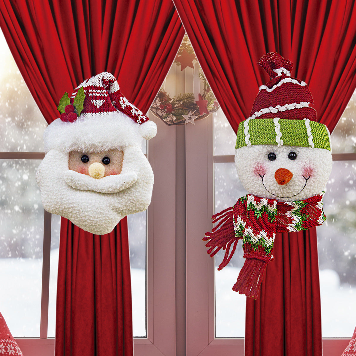 Christmas Santa Claus and Snowman Curtain Tie Back Holders for Home Decor