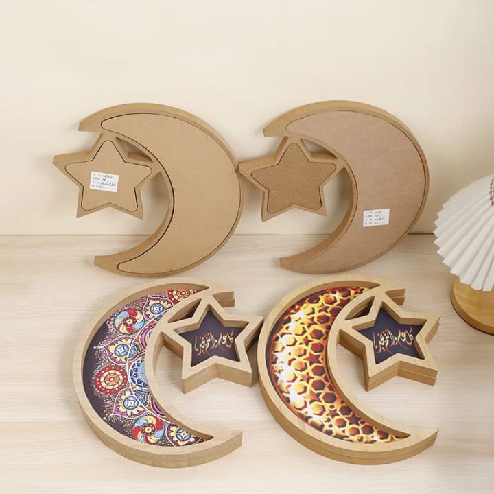 Ramadan Moon & Star Wooden Serving Tray Décor 30*28*15cm