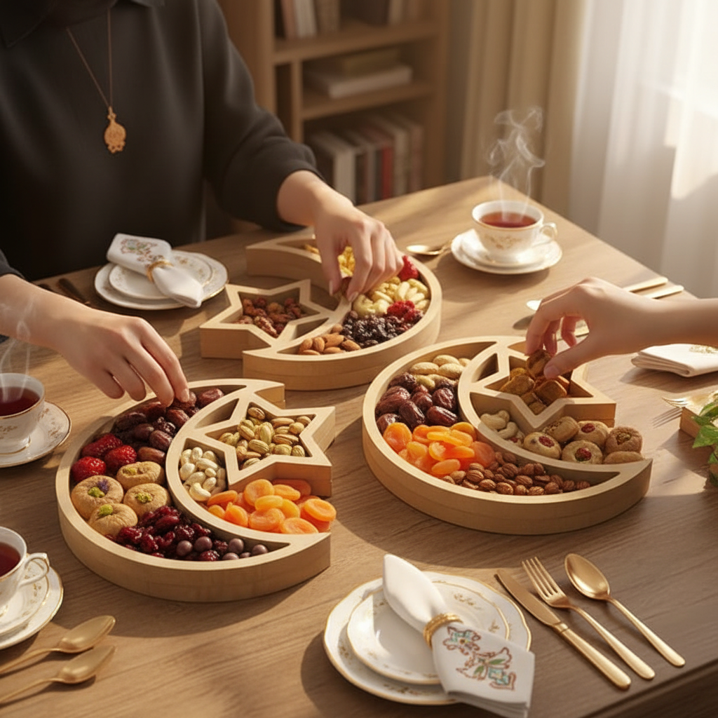 Ramadan Moon & Star Wooden Serving Tray Décor 30*28*15cm