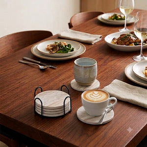 6-piece marble style ceramic coaster set decorative drink coasters for coffee mugs tea cups and glasses available in white marbled and brown marbled finishes for table protection and home décor.
