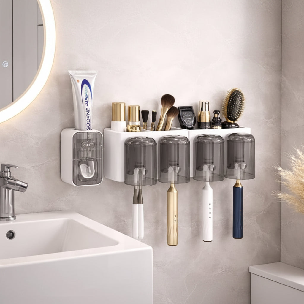 Toothbrush holder and toothpaste dispenser with four cups, ABS construction, wall-mounted space-saving design, available in black and white