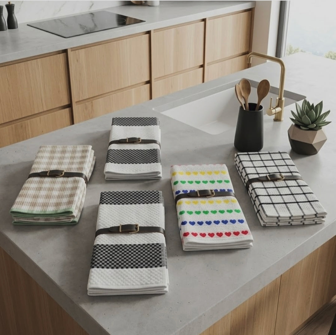 Kitchen tea towels measuring 40 x 55cm for drying dishes, wiping kitchen surfaces, handling cookware, covering baked goods, and everyday kitchen cleaning tasks.