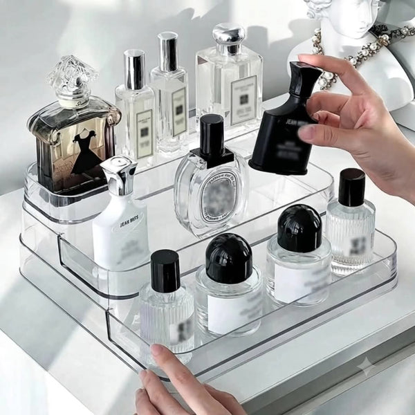 Gemelli Colllection acrylic perfume and cosmetic display rack crystal clear beauty organiser for perfumes skincare makeup and daily essentials durable transparent vanity organiser for bedrooms bathrooms salons beauty counters and retail displays