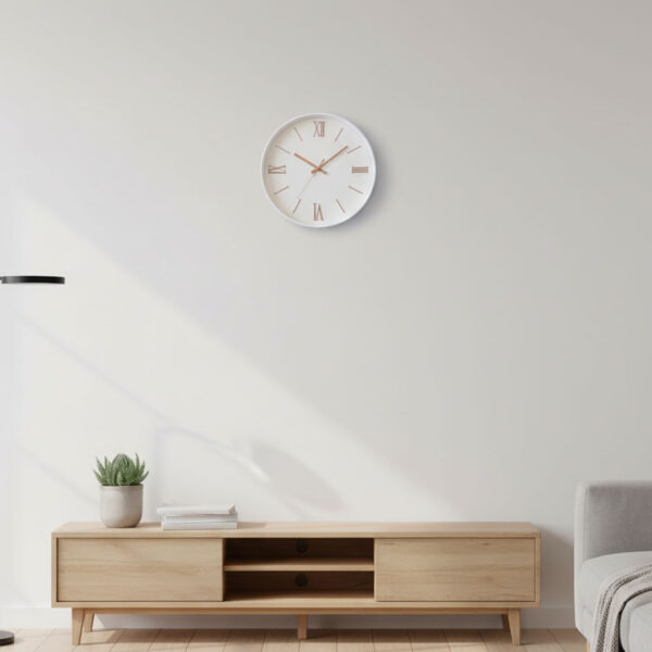 0cm white wall clock with rose gold Roman numerals and hands, minimalist modern design, silent quartz movement, Gemelli Collection