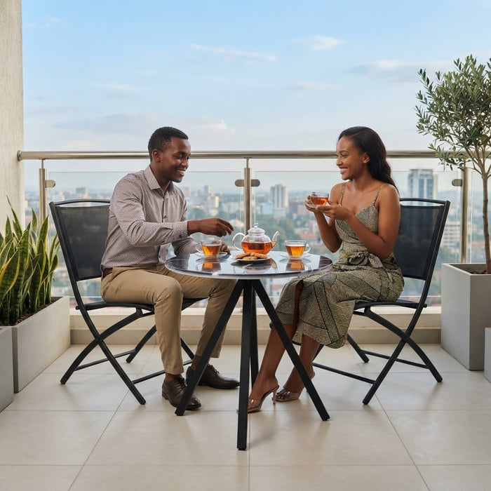 Round marble-effect glass dining table with metallic legs, 70cm diameter and 70cm high, Available in Nairobi, Kenya.