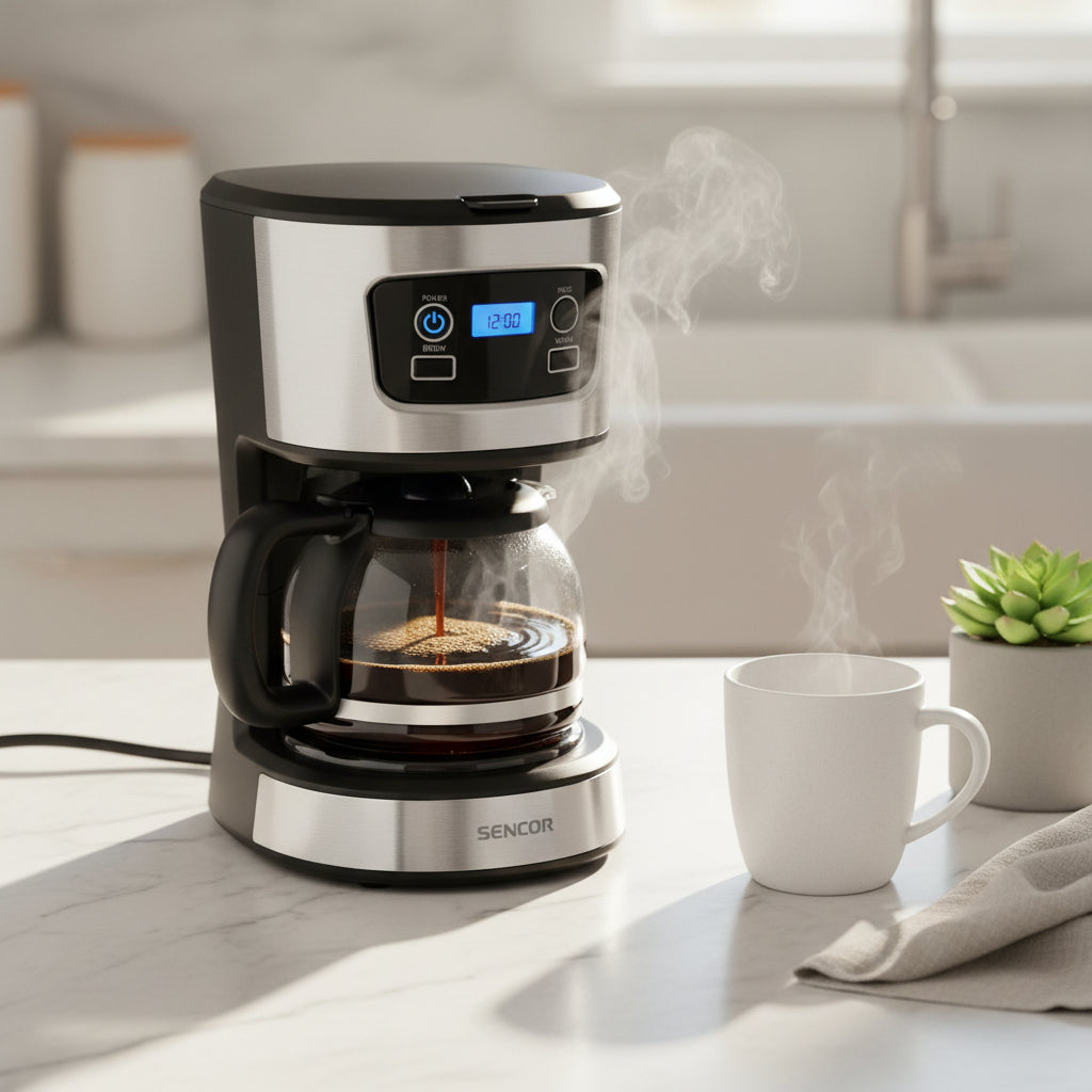Sencor 700W 6-cup coffee maker with LCD display.