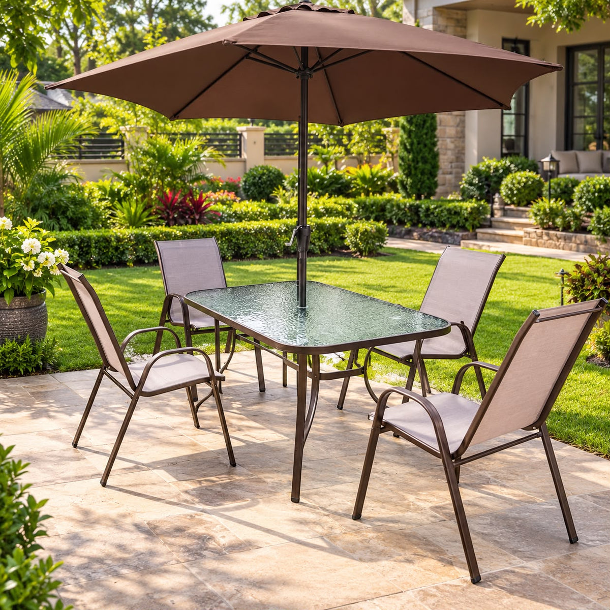 Gemelli Collections 6-Piece Bistro Set with 4 Chairs, Glass Rectangular Table & Umbrella - available in Nairobi, Kenya