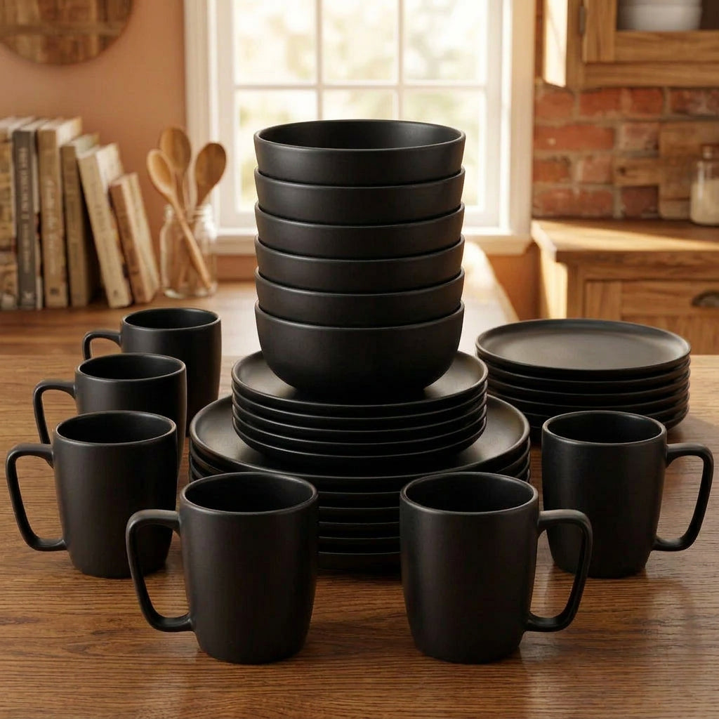 Shining Black Dinner Set, 24 Piece Set with 6 Mugs, 6 Side Plates, 6 Bowls and 6 Dinner Plates, available in Nairobi, Kenya