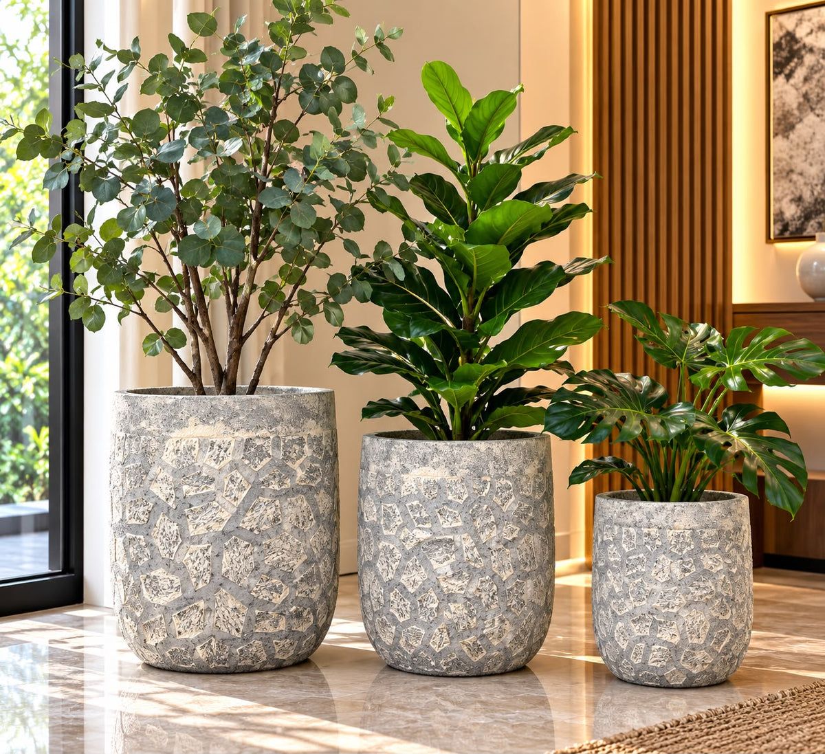 Small, medium and large diagonal wavy ribbed concrete planter, 24.5 × 24.5 × 23cm, 35 × 35 × 31.5cm, 48 × 48 × 41.5cm for indoor and outdoor plants, available in Nairobi, Kenya