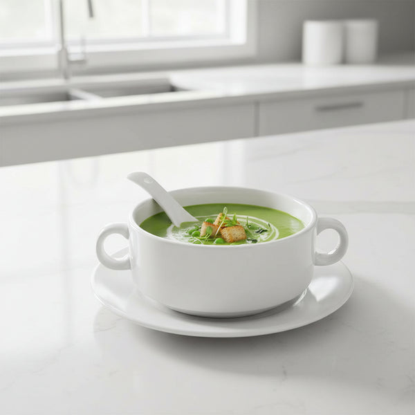 Porcelain soup bowl set with handles, matching saucer, and spoon, microwave and dishwasher safe