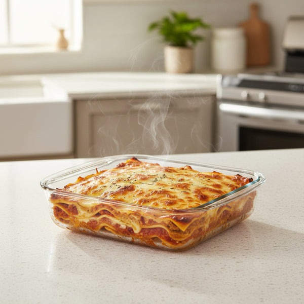 1L square glass baking dish, heat-resistant and dishwasher-safe, 215mm x 215mm x 50mm