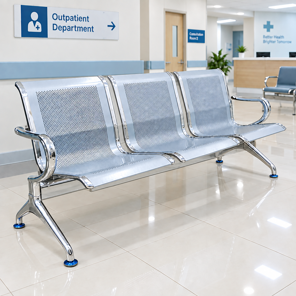 3-Seater Linked Waiting Bay Bench – Perforated Metal Seating with Chrome Frame