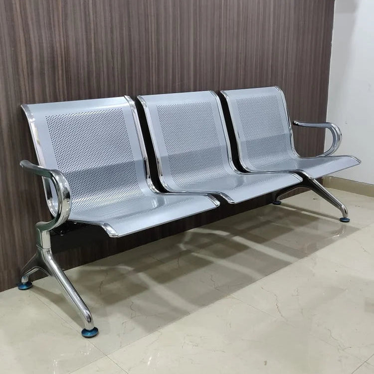 3-Seater Linked Waiting Bay Bench – Perforated Metal Seating with Chrome Frame