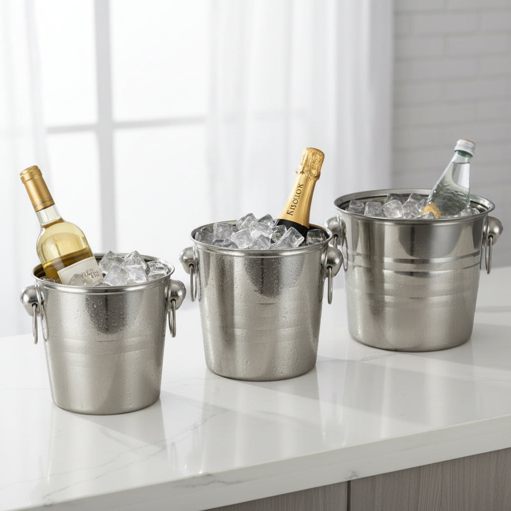 Stainless steel ice bucket available in 3.5L, 5.2L, and 7.3L with polished finish and side handles
