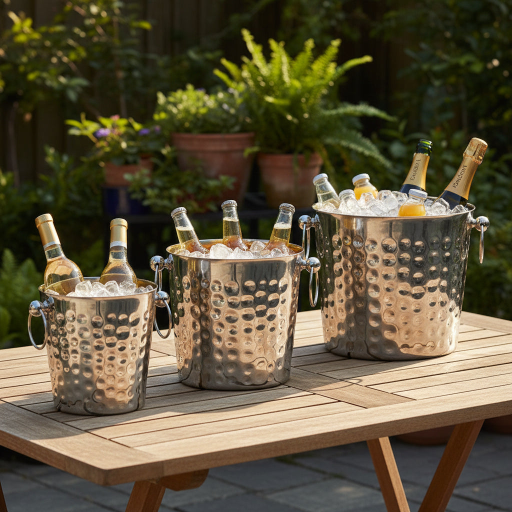 Hammered stainless steel ice bucket available in 3.5L, 5.2L, and 7.3L with side handles