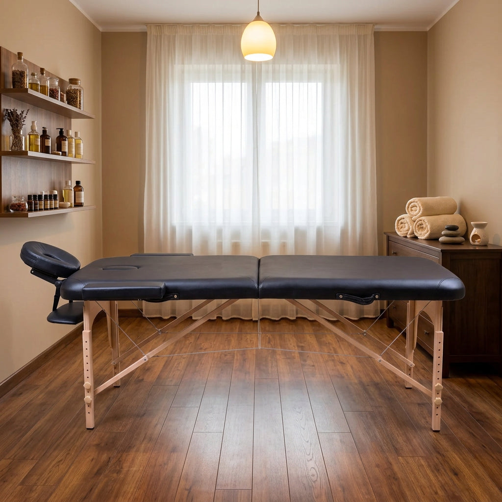 Three-section adjustable massage table with face cradle and arm sling shelf, black, available in Nairobi, Kenya