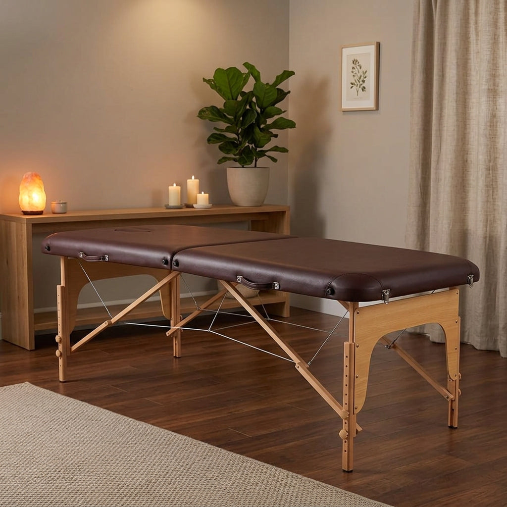 Three-section adjustable massage table with face cradle and arm sling shelf, brown, available in Nairobi, Kenya