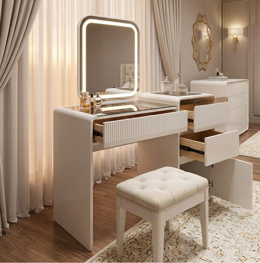 Vanity Dressing Table with Flip-Top Square LED Mirror, Three-Colour Touch Lighting and Multiple Storage Drawers, available in Nairobi, Kenya