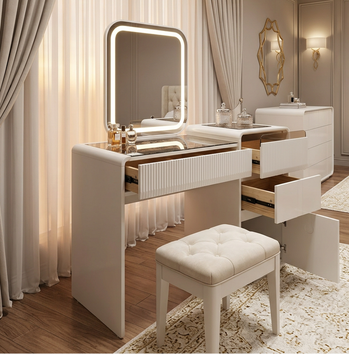 Vanity Dressing Table with Flip-Top Square LED Mirror, Three-Colour Touch Lighting and Multiple Storage Drawers, available in Nairobi, Kenya