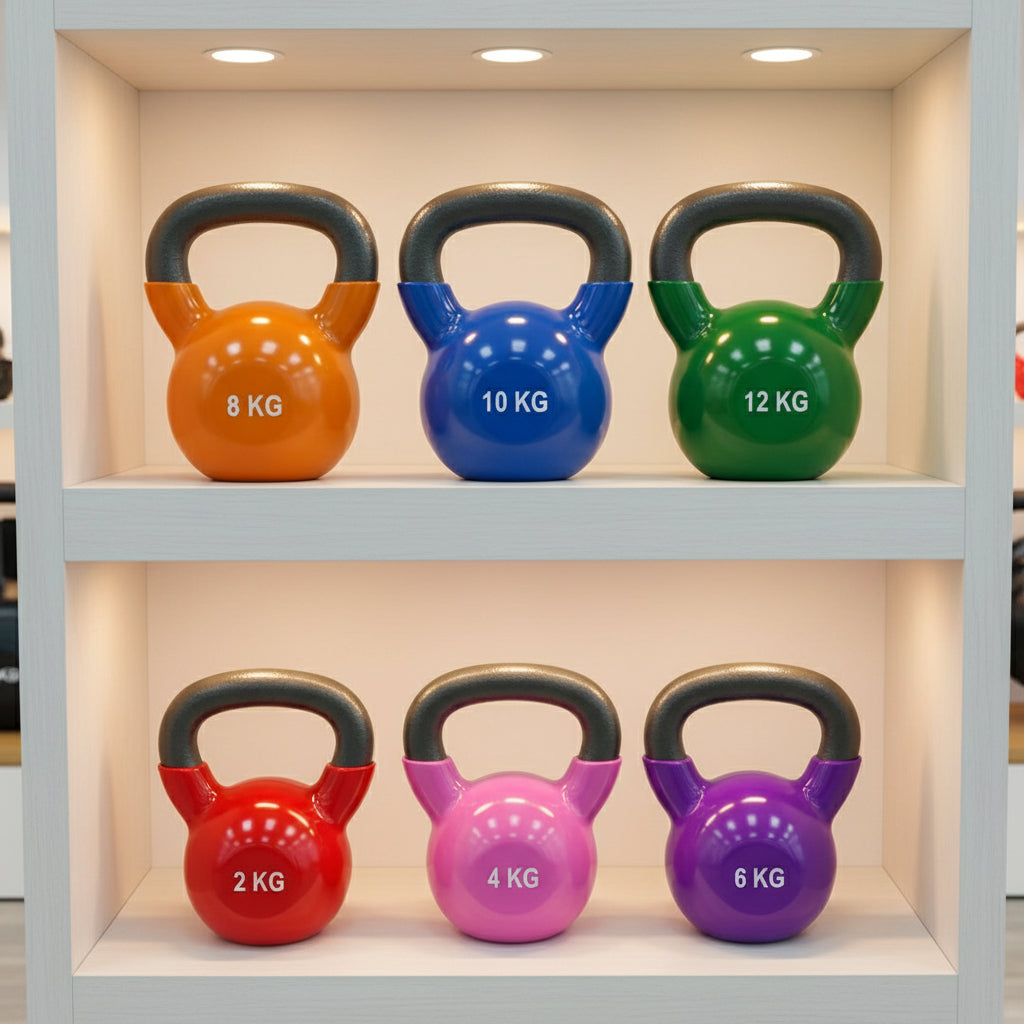 Colour-coded non-slip vinyl-coated kettlebells with cast iron handles, gym-quality home workout equipment, compact and durable design