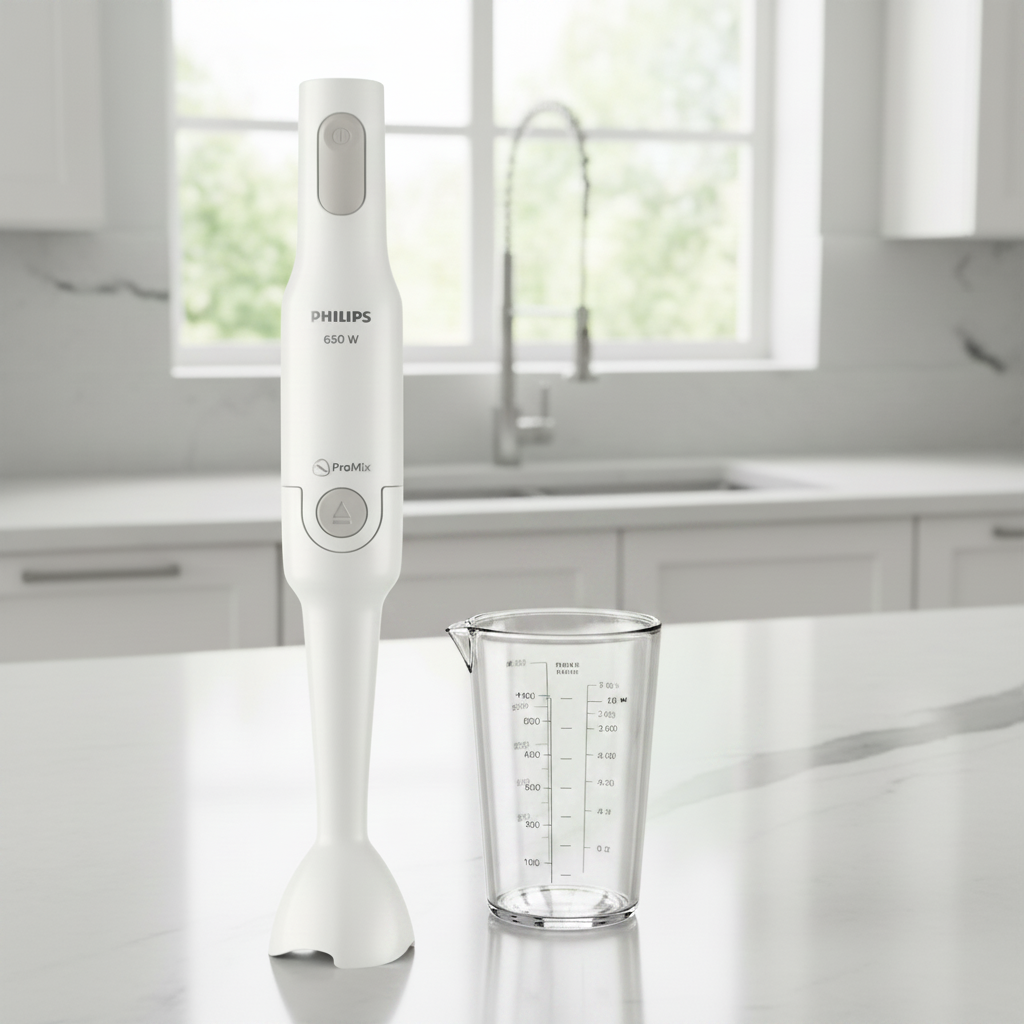 Philips Daily Collection HR2531 ProMix hand blender with white ergonomic handle, blending shaft, and measuring beaker.