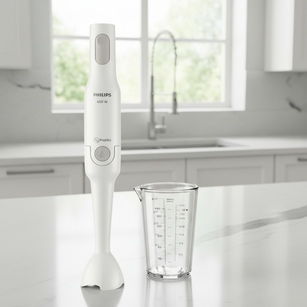 Philips Daily Collection HR2531 ProMix hand blender with white ergonomic handle, blending shaft, and measuring beaker.