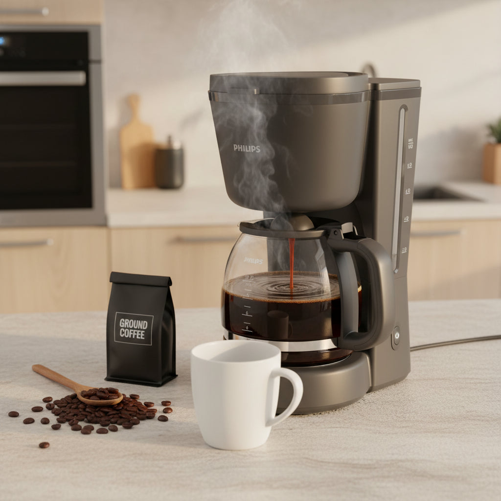 1000 Series 1.2L drip coffee maker with 1000W power, keep-warm function, drip-stop system, and auto shut-off for fresh coffee brewing HD7430/90.