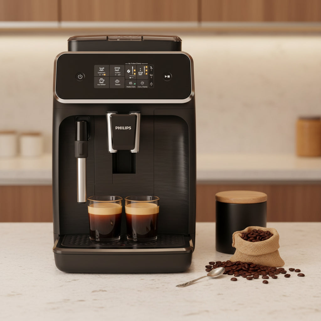 2200 Series fully automatic espresso machine with 1.8L tank, LatteGo milk system, ceramic grinder, and touch control for espresso and cappuccino EP2220/10.