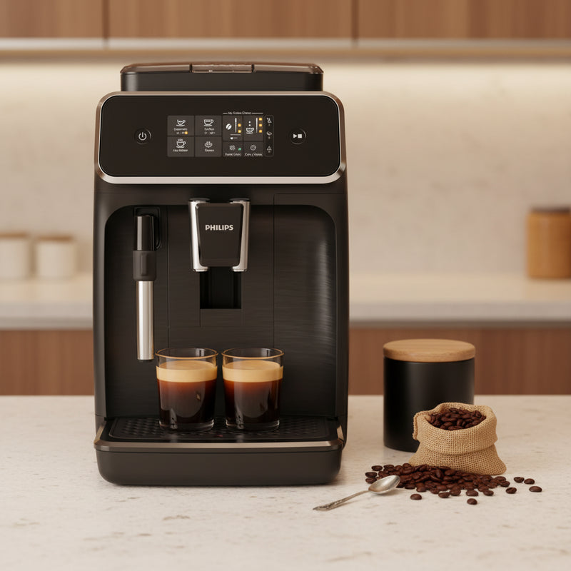 2200 Series fully automatic espresso machine with 1.8L tank, LatteGo milk system, ceramic grinder, and touch control for espresso and cappuccino EP2220/10.