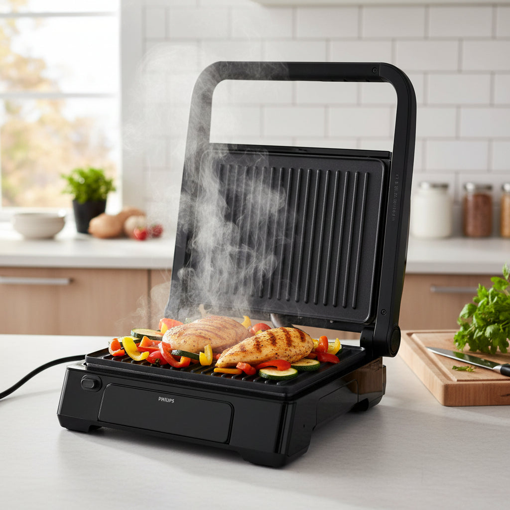 Philips 7000 Series HD6307/70 electric contact grill with digital controls, smart temperature probe, removable non-stick plates, and 180-degree tabletop grilling function.