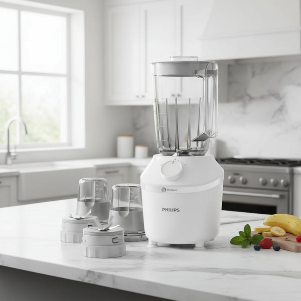 Philips 3000 Series HR2041 blender with 1.9L plastic jar and stainless steel blades for everyday smoothie and soup preparation.