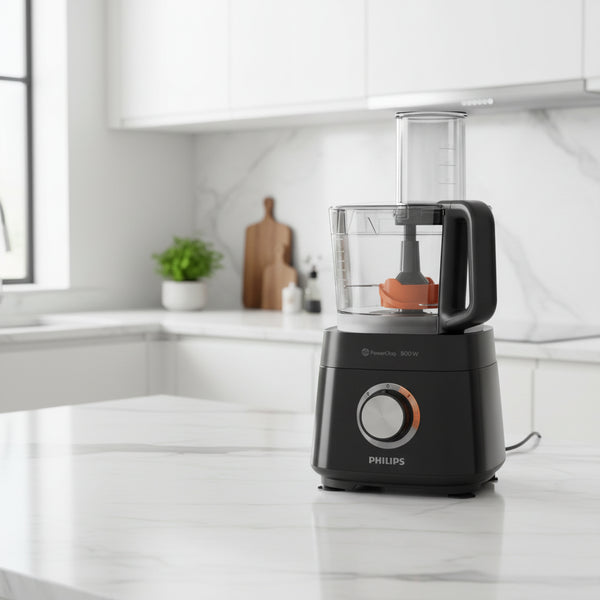 Black Philips Viva Compact HR7510 food processor with 2.1L bowl and multiple attachments