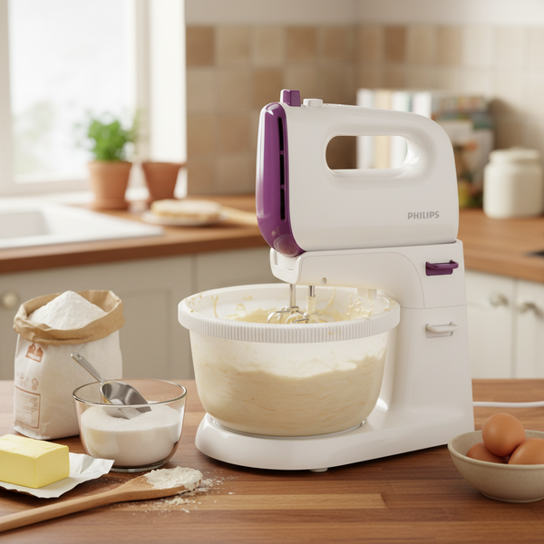 450W stand mixer with 3L auto-rotating bowl, conical beaters, 5 speed settings, turbo function, and kneading tools for baking and dough preparation HR3745/11.