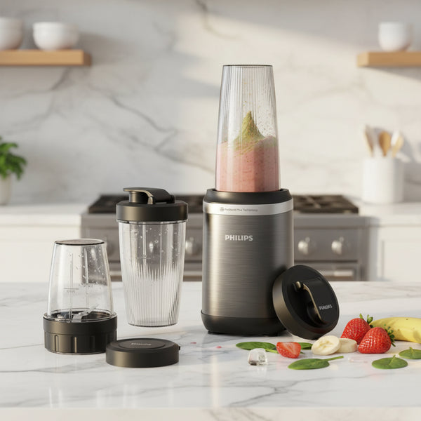5000 Series 1000W blender with ProBlend Plus system, multiple tumblers and grinding cup for smoothies, coffee, spices, and portable blending.