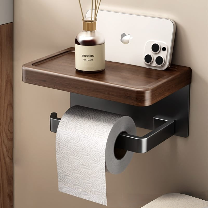 Wall Mounted Toilet Paper Holder with Dark Wood Grain Shelf, Matte Black Metal Arm, 20 x 12 x 10 cm - available in Nairobi, Kenya