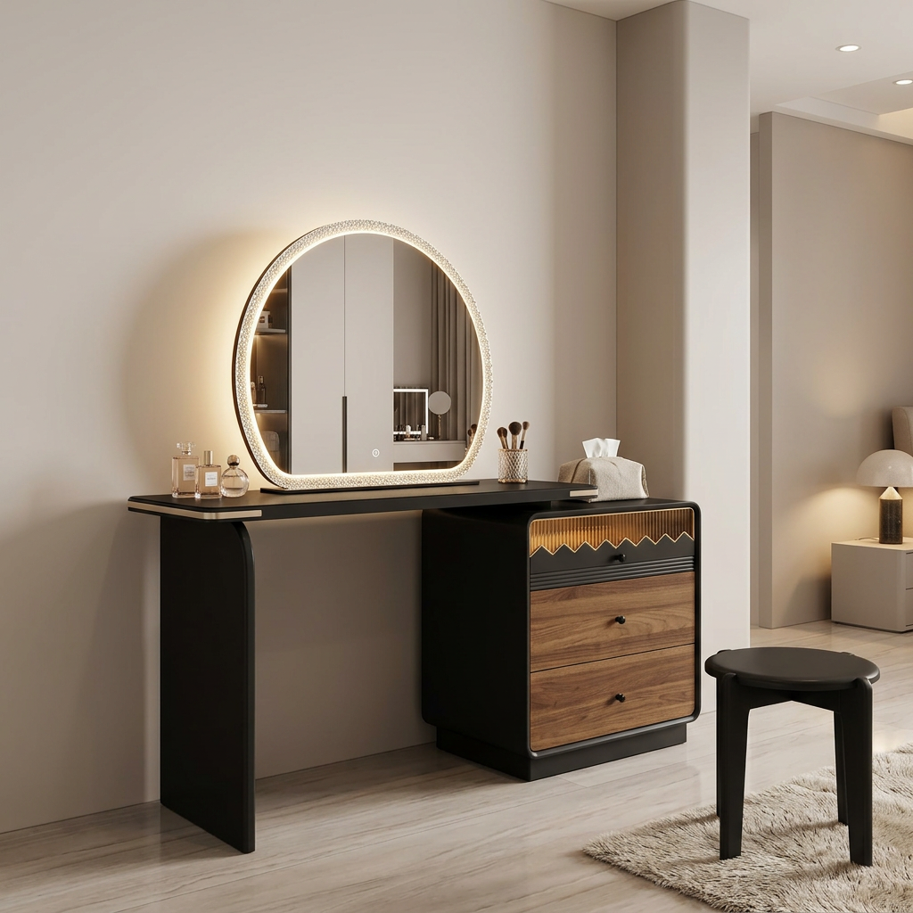 Walnut and Black Dressing Table with Arched LED Mirror, Sliding Extending Top and Ribbed Amber Glass Drawer Trim, Three-Drawer Version, available in Nairobi, Kenya