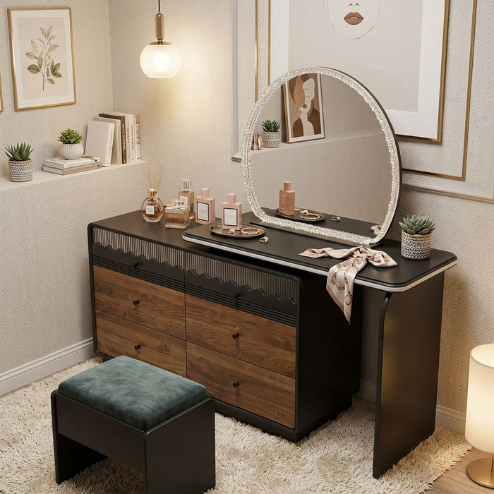 Walnut and Black Dressing Table with Arched LED Mirror, Sliding Extending Top and Ribbed Amber Glass Drawer Trim, Six-Drawer Version, available in Nairobi, Kenya