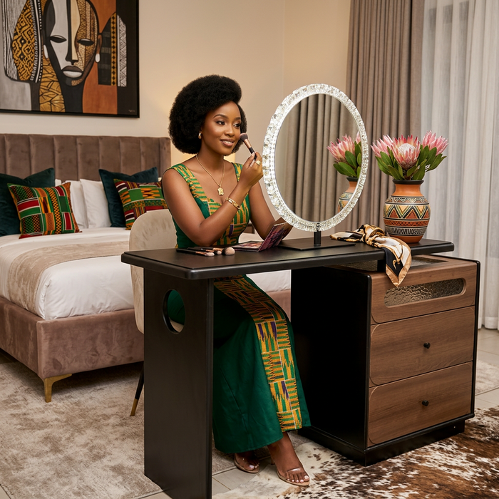 Walnut and Black Dressing Table with Round LED Mirror, Extending Black Top and Textured Glass Inlay, Three-Drawer Version, available in Nairobi, Kenya
