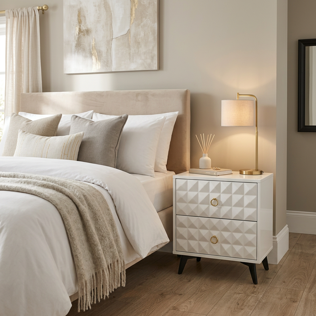 White Bedside Table with Two Drawers, Geometric Diamond-Pattern Front and Dark Metal Legs, 40 × 50 cm, available in Nairobi, Kenya