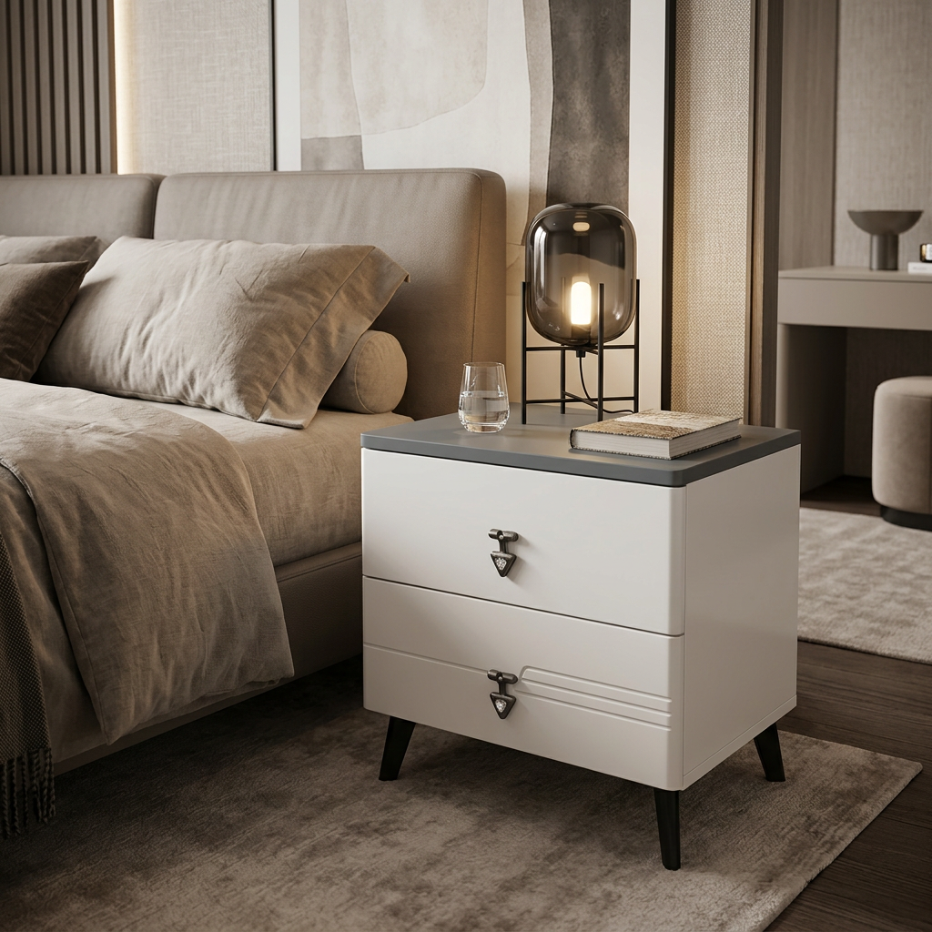 White Bedside Table with 2 Drawers, Grey Top, Black Triangle Handles and Legs, 40 × 50 cm, available in Nairobi, Kenya