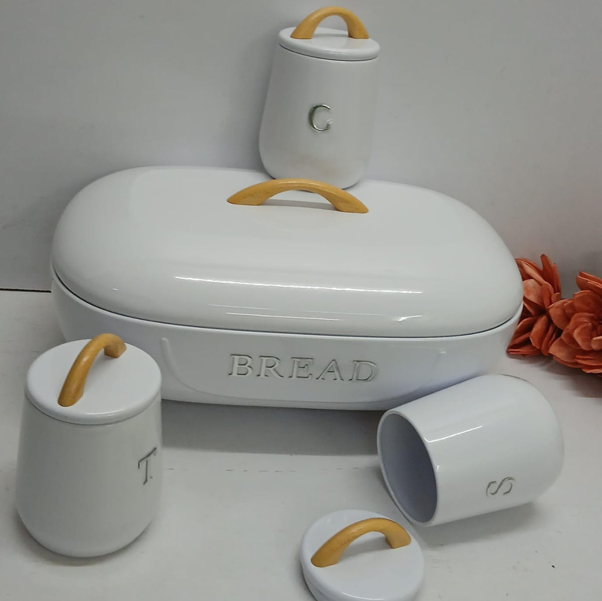 Oval alloy bread storage bin set with 3 canisters in white, available in Nairobi, Kenya
