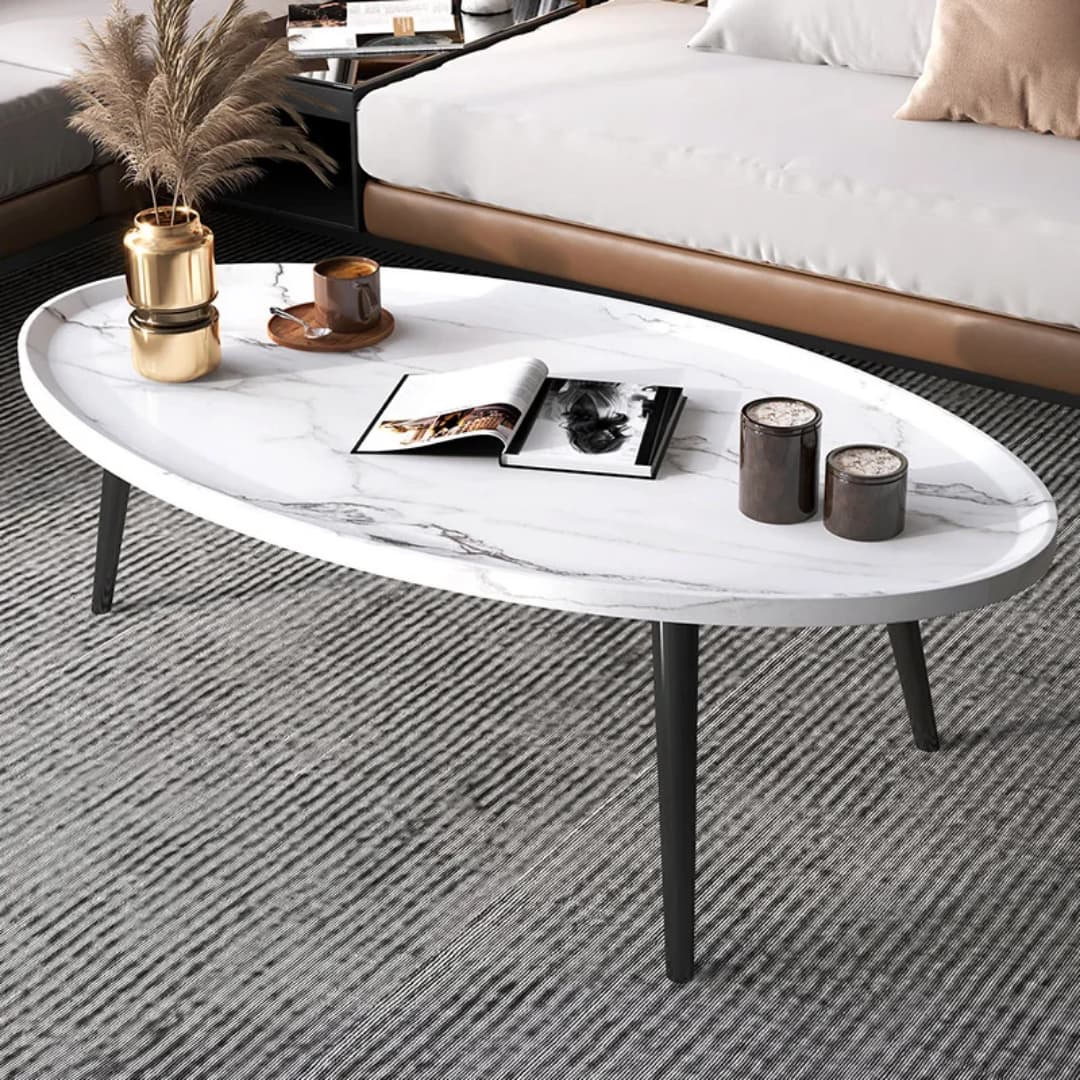 White oval wooden coffee table with solid wood legs measuring 80 × 55 × 38cm for living rooms and home offices, available in Nairobi, Kenya.