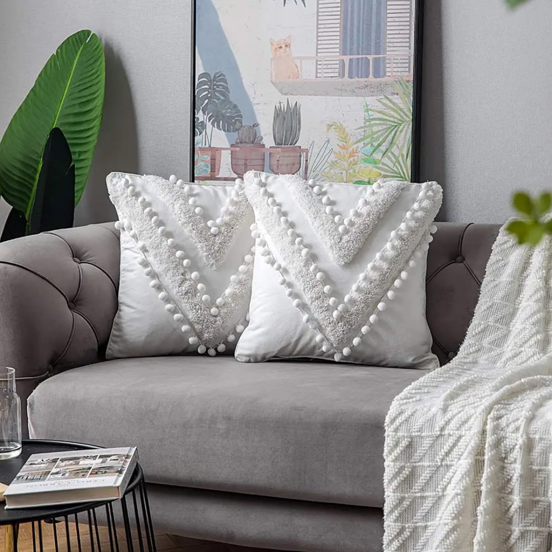 White Tufted Cushion Cover with Pompom Details - available in Nairobi, Kenya