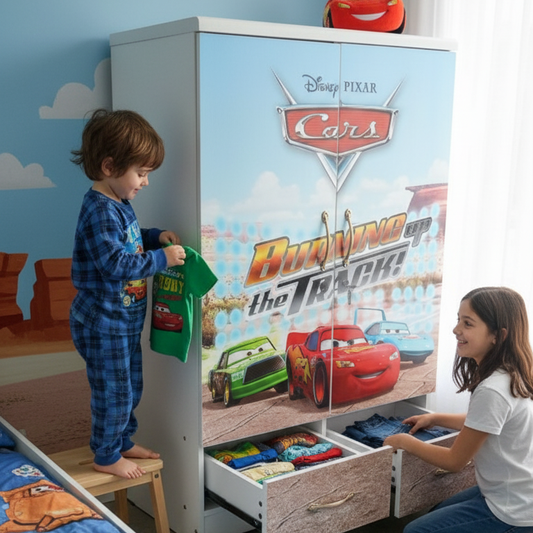 wooden cartoon themed kids wardrobe with drawers