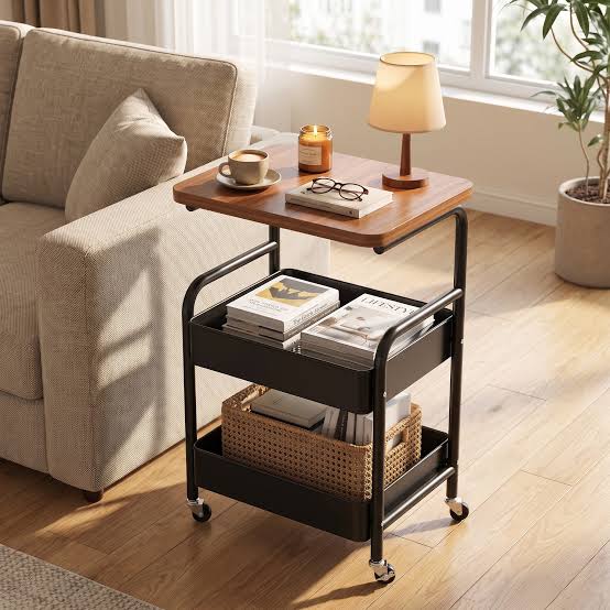 42 × 30 × 76 cm wooden top double mesh tray trolley rack, black, available in Nairobi, Kenya