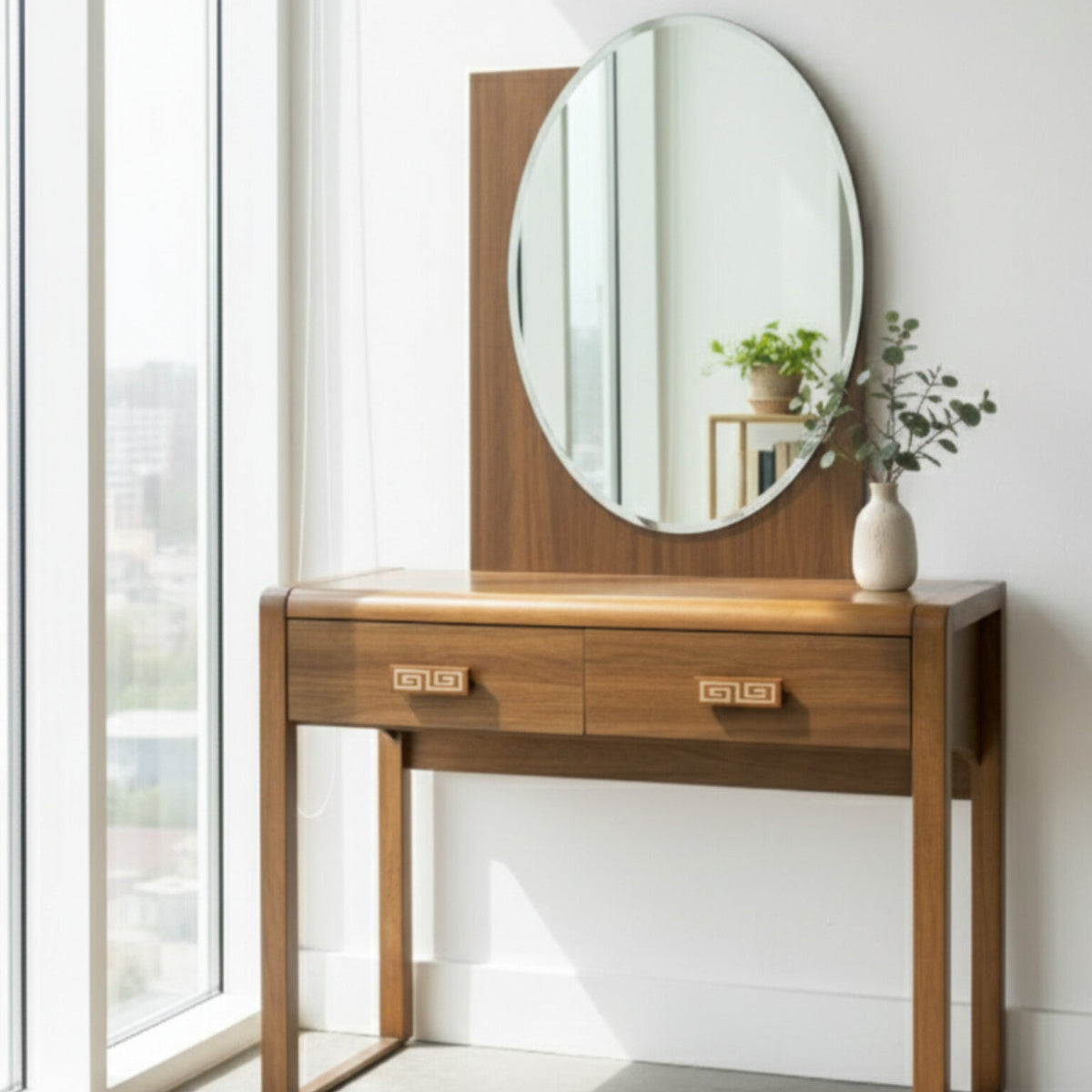 Wooden dressing table with mirror and drawers