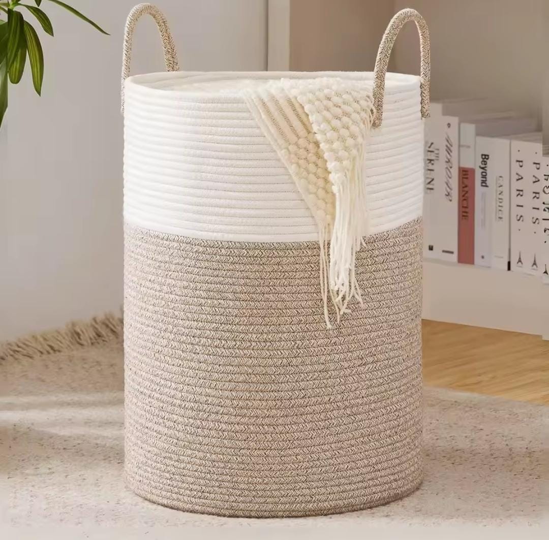Decorative woven cotton rope laundry basket with handles for storing laundry, toys, pillows and blankets, available in Nairobi, Kenya